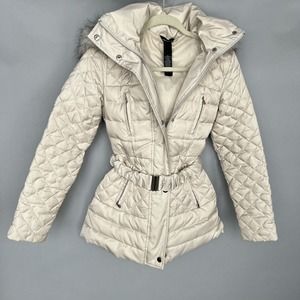Victoria Secret Ivory Quilted Down Jacket with Belt and faux Fur hood Size XS